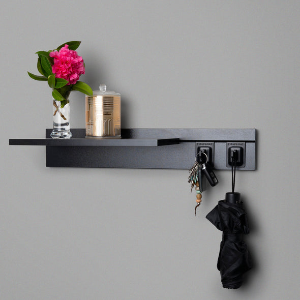 Black Adjustable Floating Shelving 600mm With Two Black Hooks Lifestyle