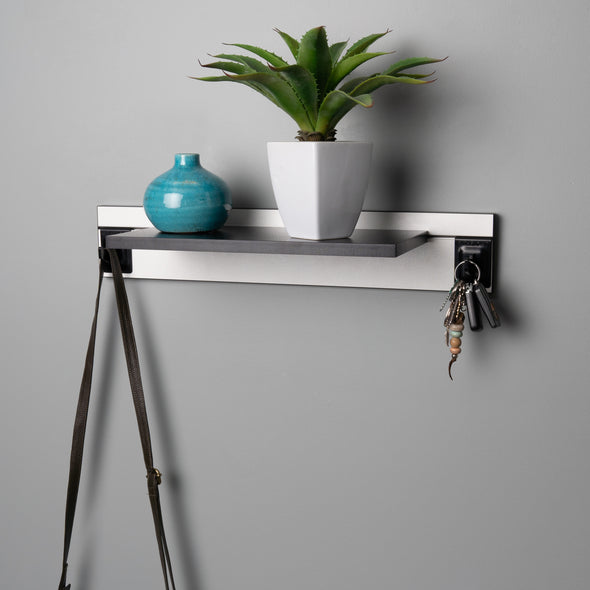 White Adjustable Floating Shelving 600mm With Two Black Hooks Lifestyle